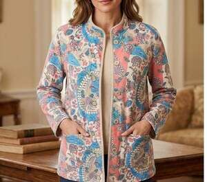 Koret Floral Button-Down Jacket Coat with Pockets Blue Pink Coral